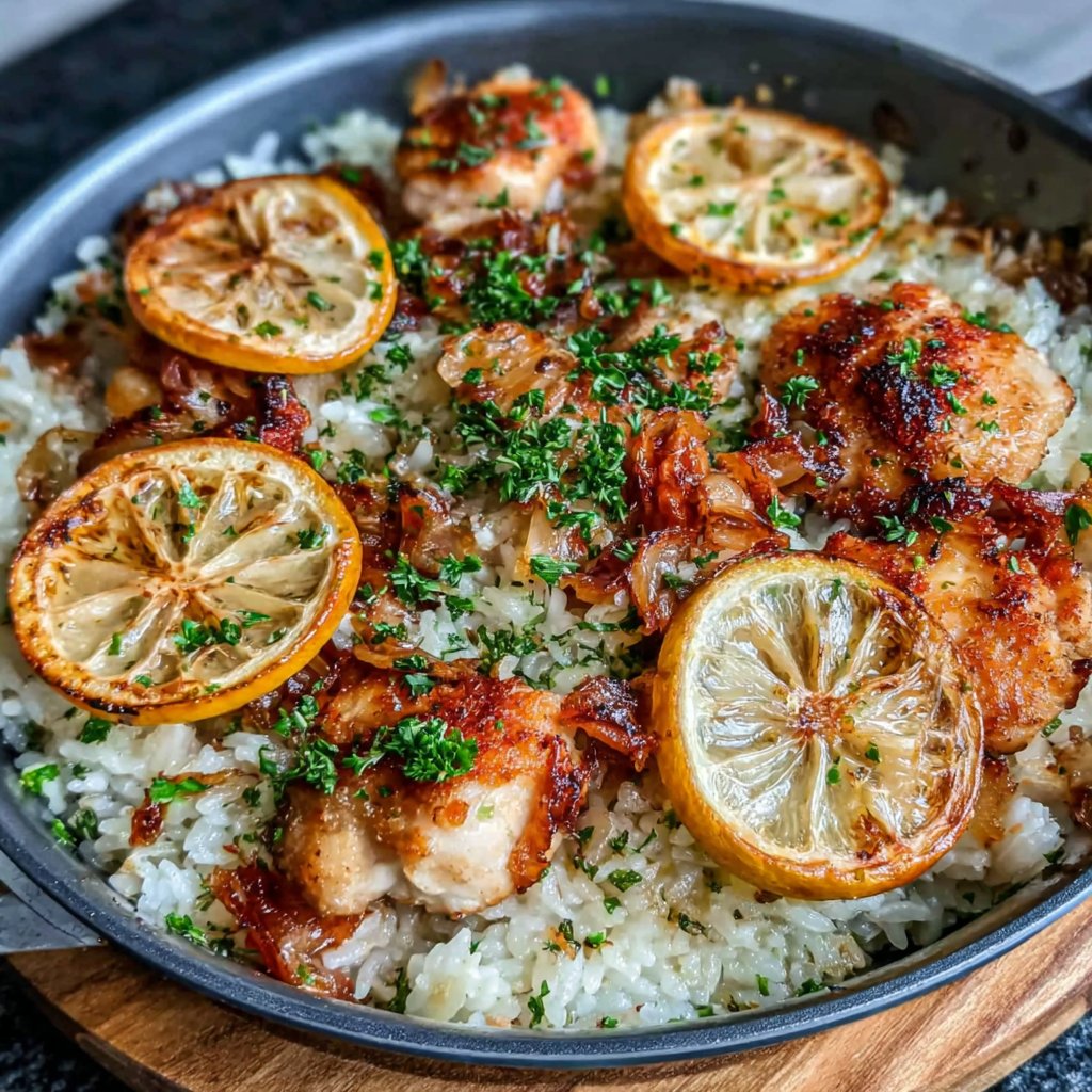 Lemon Garlic Chicken With Rice Skillet